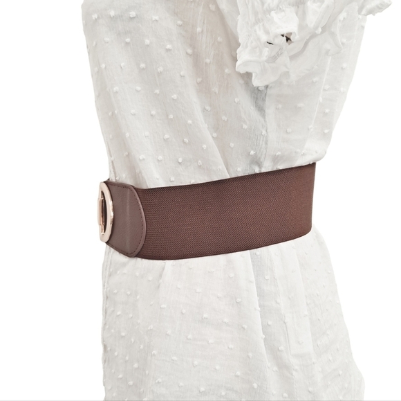 Brown elastic gold buckle corset wide cinch stretch waist statement dress Belt - Picture 6 of 12